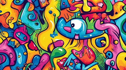 Colorful Abstract Background with Whimsical Shapes and Playful Characters