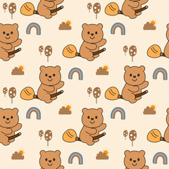 Bear riding broom cartoon so cute. On rainbow tree cloud sun background. Pattern seamless vector illustration. 