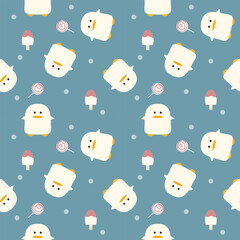 Big duck cartoon so cute. On ice cream lollipop polka dot and green background. Pattern seamless vector illustration. 