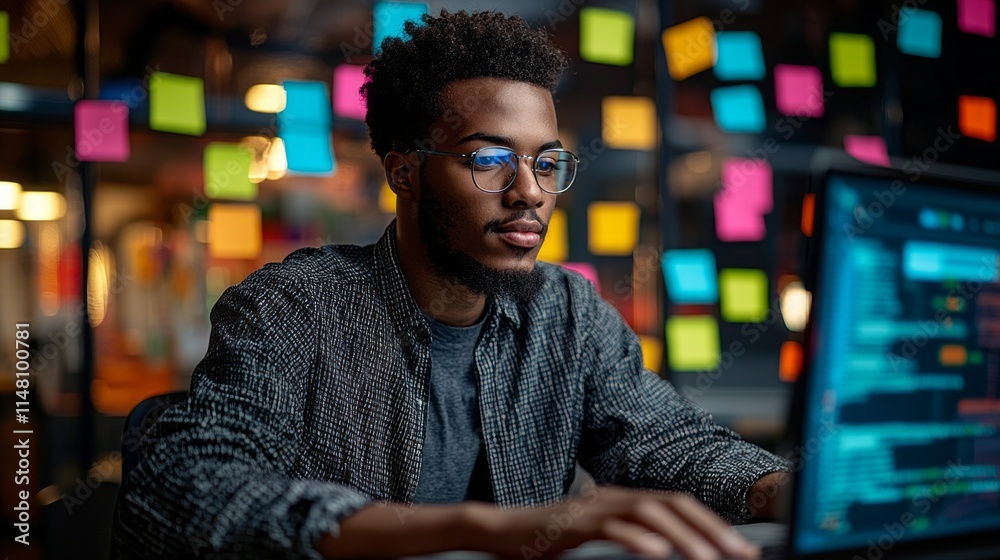 Aufkleber Inside a lively workspace filled with colorful sticky notes, a young developer concentrates on programming a mobile app. He utilizes a laptop, surrounded by a burst of ideas and inspiration