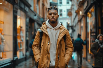 Fototapeta premium Young man in stylish outerwear stands confidently in a busy urban shopping street on a rainy day