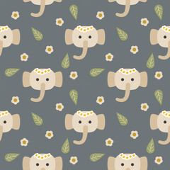 Face elephant cartoon so cute. On leaf flower gray background. Pattern seamless vector illustration. 