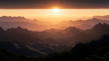 Obraz premium Golden Hour Panorama Serene Sunset Over Rolling Mountains