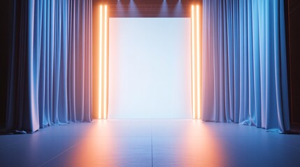 Bright Stage with Blue Curtains and Neon Lights Ready for Performance or Event