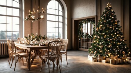 Obraz premium Elegant Scandinavian Style Dining Room with Neutral Tones and Festive Christmas Decor