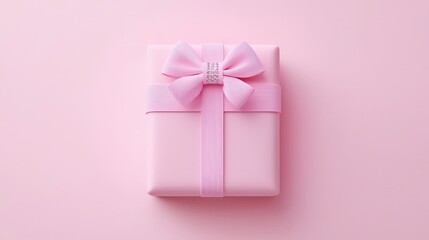 Obraz premium Beautifully Wrapped Pink Gift Box with Bow on a Soft Pink Background for Celebrations