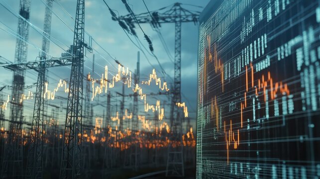 Electricity power grid with stock market graph - Powered by Adobe