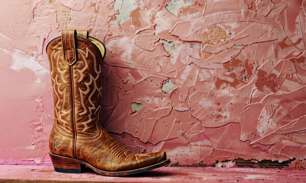 Brown cowboy boot stands out against textured pink wall