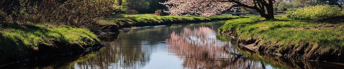 Serene Riverbank with Blooming Cherry Trees and Reflections in Calm Water