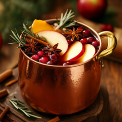 
Close up of copper pot with red mulled wine with slices of orange, apple, cinnamon, star anise, rosemary and cranberries