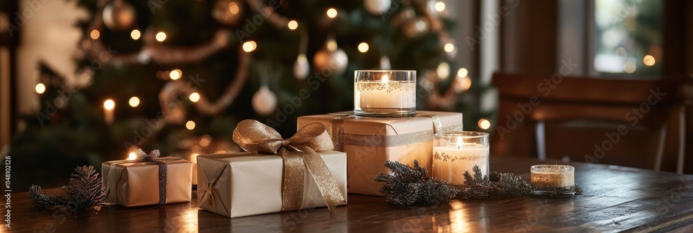 Poster decorative gift boxes with ribbons and candles arranged on a table near a beautifully lit christmas 