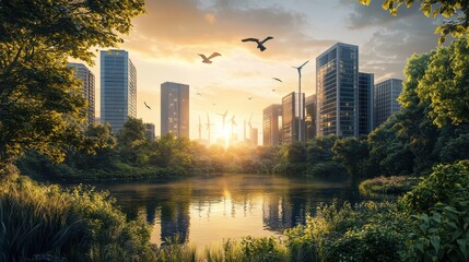 Fototapeta premium Green city with renewable sustainable energy solution technology concept. Panorama background nature scene with turbine, modern building urban with fresh sky background in beautiful sunset backlight.