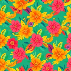 Tropical Floral Seamless Pattern: A vibrant and colorful tropical floral pattern featuring bright orange, pink, and yellow flowers on a teal green background.  perfect for textile, wallpaper.