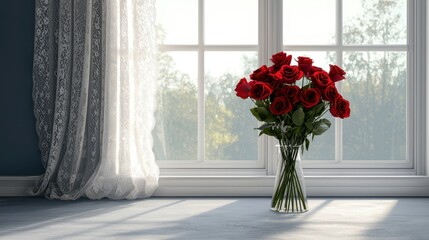 Bright Red Roses in Glass Vase by Window with Soft Drapes and Natural Light