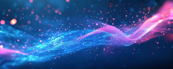 Fototapeta premium abstract waves, digital background with blue and pink neon colors, smooth flowing shapes, glowing points creating depth, suitable for futuristic themes and technology