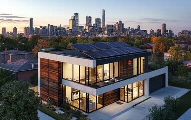 A modern urban house with rooftop solar panels and clean lines, surrounded by vibrant cityscape views
