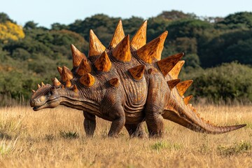 Fototapeta premium A detailed view of a prehistoric Ankylosaurus dinosaur in a field, showcasing its armored back and spiked tail. The dinosaur is depicted in a realistic style against a backdrop of trees and a grassy 