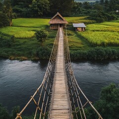 wooden bridge over river in the forest