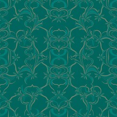 Teal and Gold Intricate Floral Pattern: A seamless, elegant, and intricate design with a captivating blend of teal and gold hues.