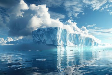 A large iceburg floating in the ocean with clouds in the background