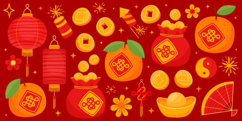 Chinese New Year, Lunar New Year, Tet. Symbols of wealth, prosperity, luck on red background. Tangerines, coins, gold, lanterns, flowers, knot, fan, firecrackers.