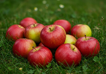 Fresh Organic Apples Resting in Summer Grass