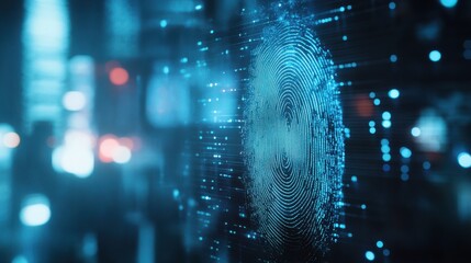 Abstract glowing id fingerprint web protection and security interface on blurry blue bokeh city background with mock up place. Identification, cybersecurity and privacy concept. Double exposure