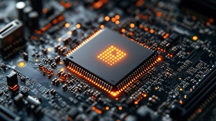 Close-up of illuminated CPU on motherboard. (1)