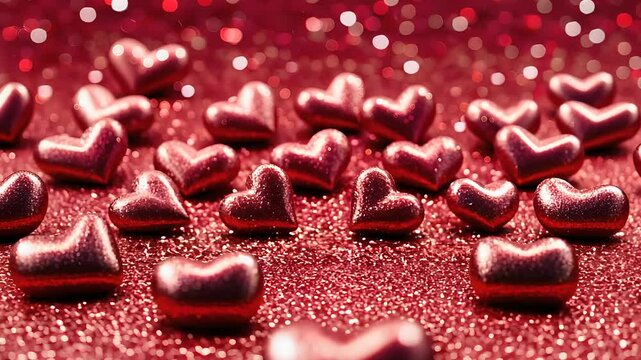 Sparkling Red Glitter Background with Metallic Heart-Shaped Decorations for Romantic and Festive Designs

