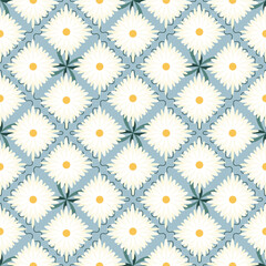 Vintage Retro Daisy 70s Modern Geometric seamless pattern white floral daisy flowers texture background. Trendy chamomile blossom print