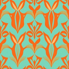 Seamless Teal and Orange Floral Pattern: This vibrant pattern is a seamless design featuring a repeating motif of stylized floral elements in orange and gold against a turquoise background.
