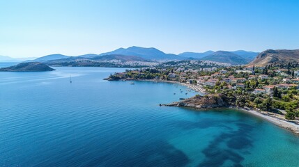 Obraz premium Aerial drone photo of beautiful emerald seascape of Porto Rafti, Mesogeia, Attica, Greece