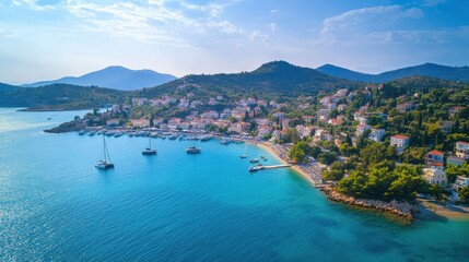 Fototapeta premium Aerial drone photo of beautiful emerald seascape of Porto Rafti, Mesogeia, Attica, Greece