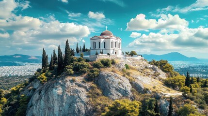 Aerial drone photo of iconic chapel of Saint George on top of Lycabettus hill with beautiful deep blue sky and clouds, Athens, Attica, Greece