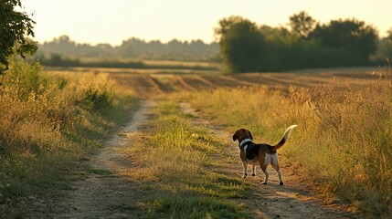 Beagle Walking Along Country Path in Golden Sunset Light
