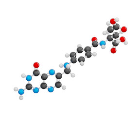 Molecule of Folic acid (vitamin B9 or vitamin M). Molecular formula: C19H19N7O6. Chemical model: Ball and Stick. Isolated. Transparent background. PNG transparent. 3D illustration.