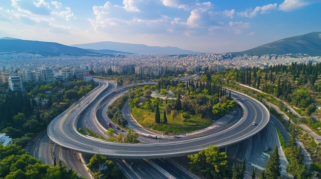 Aerial drone photo of ring road in Kifisias and Attiki odos avenues, a popular multilevel circular junction road, Marousi, Attica, Greece