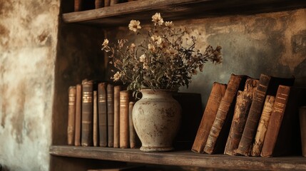 Antique Bookshelf Still Life Dried Flowers, Aged Books, Rustic Charm