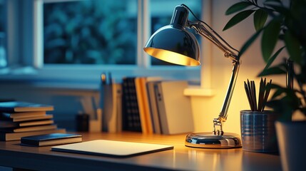 Desk Lamp Illuminates Cozy Workspace Books, Tablet, Pencils