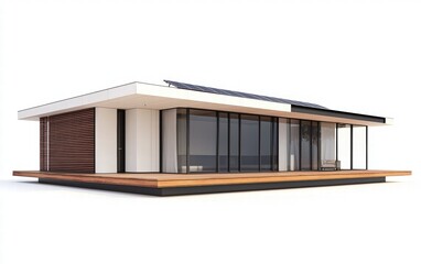 A single modern house with sleek solar panels, isolated on a pure white background