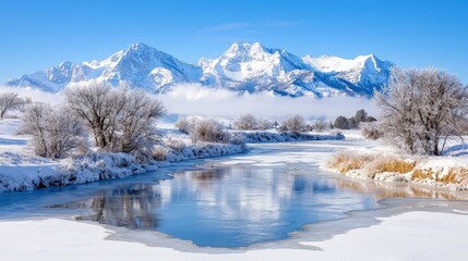 Obraz premium Snow-covered mountains reflect in a calm winter river surrounded by frosted trees under a clear blue sky.