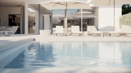 Fototapeta premium Minimalist modern poolside area with clean, stylish design. Featuring neutral tones and sleek outdoor furniture