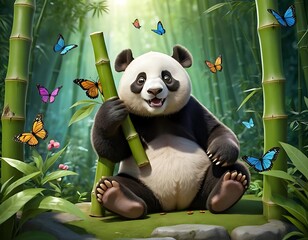Adorable Panda Cub Holds Bamboo in a Lush Bamboo Forest, Generative AI