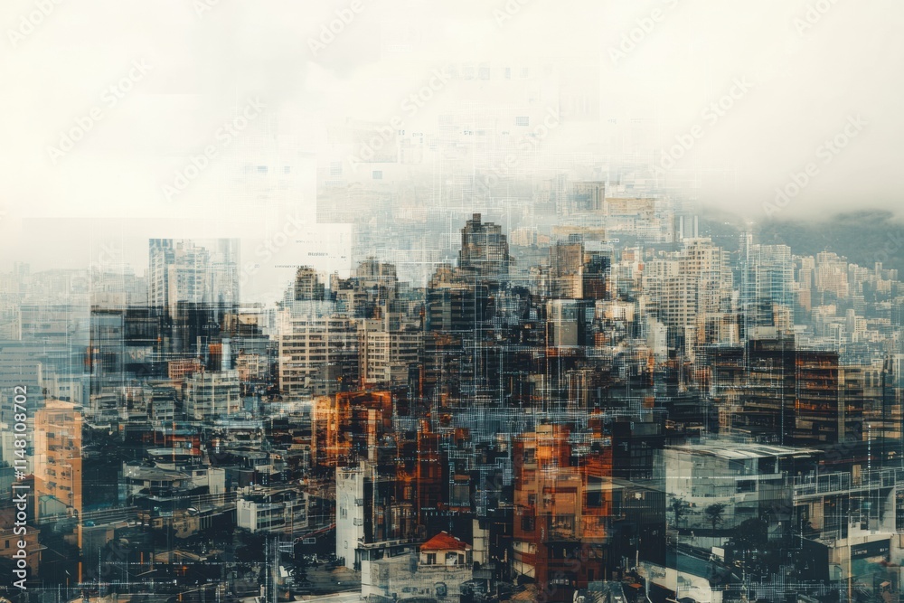 Poster cityscape integrated with digital neural network highlighting ai influence in urban environments. ge