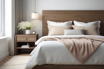 Bright and natural hotel room interior with single bed and wooden nightstand with flowers