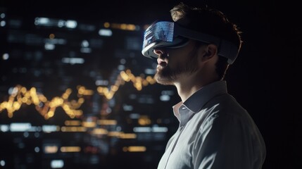 business, people, augmented reality and future technology concept - businessman working with charts on virtual screen over black background