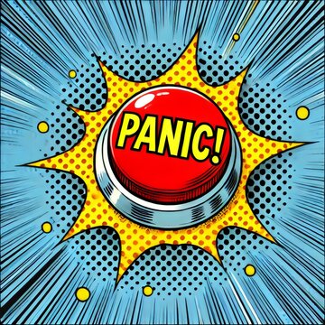 A dynamic illustration of a red "Panic" button surrounded by a yellow explosion burst and blue halftone rays, capturing the urgency and energy of classic comic art.