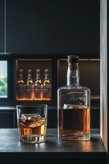 Glass of whiskey with ice beside a stylish decanter in a dimly lit bar setting during evening hours