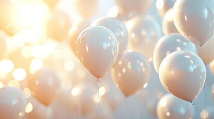 Bright and airy background of realistic white balloons illuminated by sunlight, creating a joyful atmosphere with ample copy space for creative text or designs.