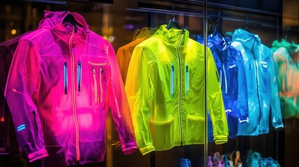 Colorful Reflective Jackets Displayed in Storefront Window